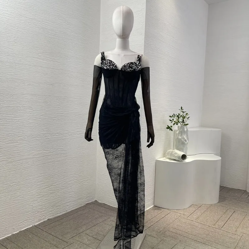 Black Flifreds samice s dlhým rukávom Pozri THORTH LACE SEXY ELEGANT Patchwork PLEAT MAXI TUBY Šaty pre večierok 2025