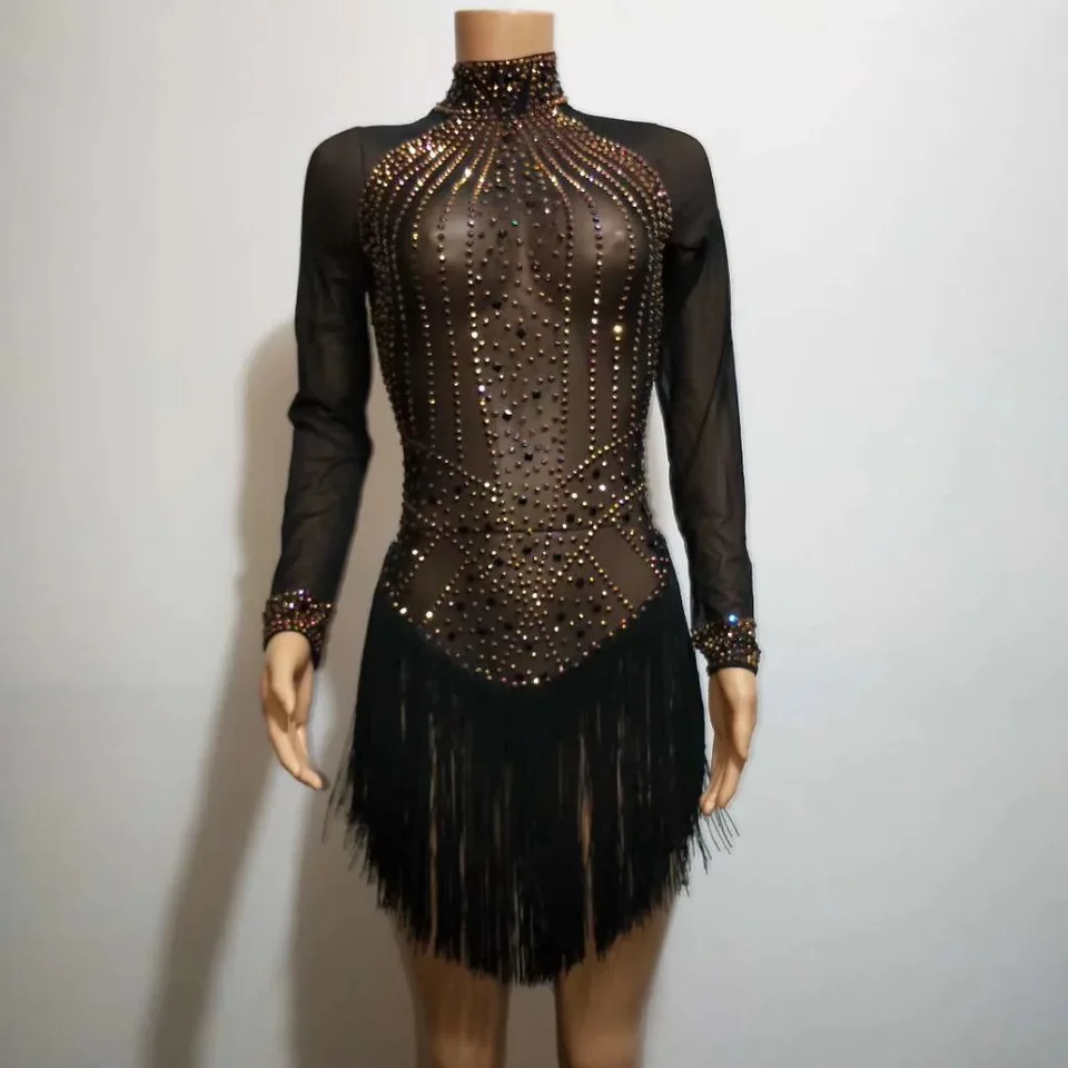 Black Gauze Perspektíva žiariaca kamienky s dlhými rukávmi Sexy šaty pre ženy s Ballroom Jazz Dance handrika zabávara Wear
