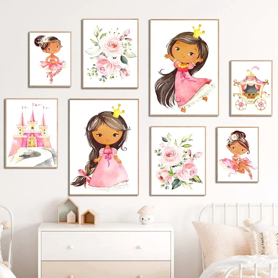 Black Girl Balet Princess Castle Peony materská nástenná maľba maľba Nordic plagáty a výtlačky pre detskú izbu dekor