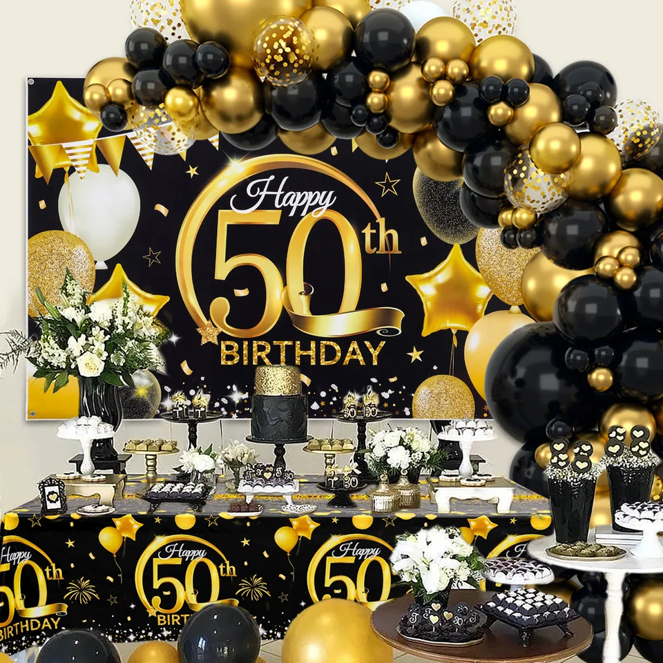 Black Gold Birthday Decortions Set 18 30 40 50 narodeninové balóny Girland obrusy pozadie pozadia dospelých