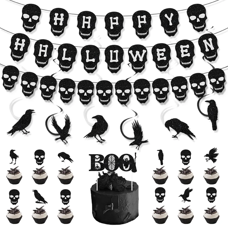 Black Halloween Pull Vlaj, Black Happy Halloween Banner, čierna lebka, havran špirála visí