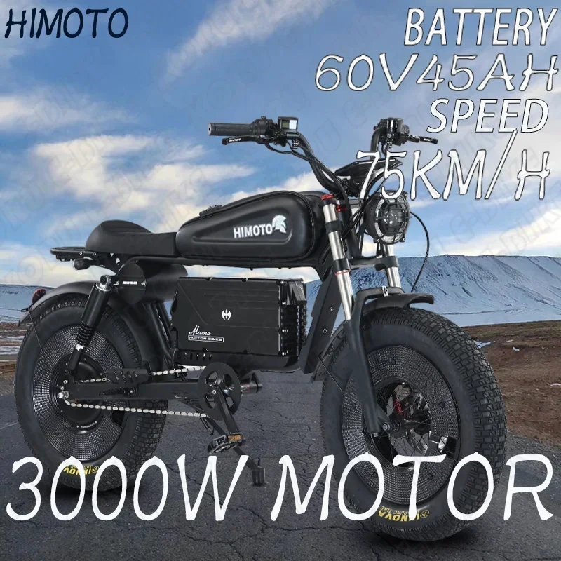 Black Himoto Adult Electric Bicycle 3000W Vysoko výkonný motor 60 V 45AH BATBLOIL TLAMERY ELEKTRICKÝ BIKE BIKE Urban Leisurethicktire Ebike