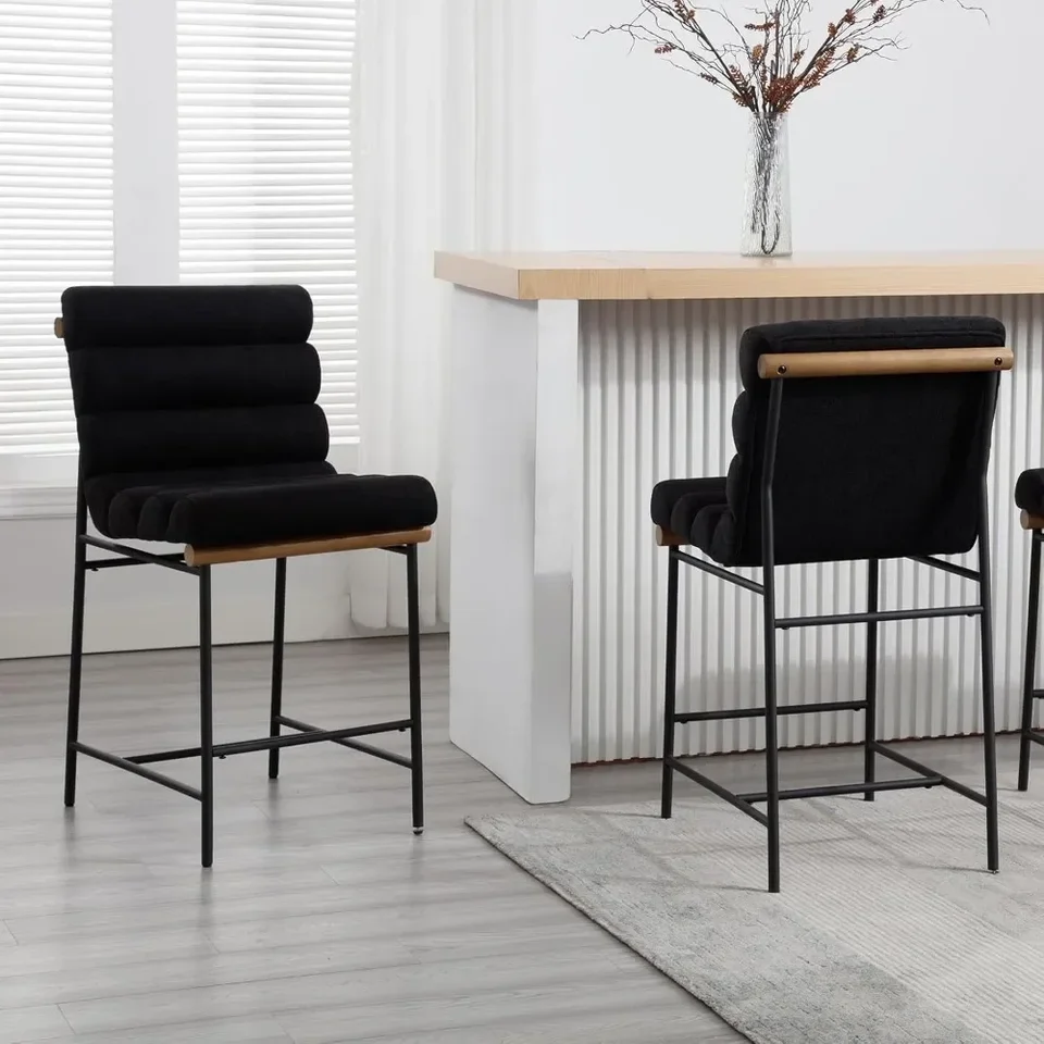 Black Linen Bar stolice sada 2, moderné 25 ”čalúnené stoličky výšky pultov s čiernymi kovovými nohami