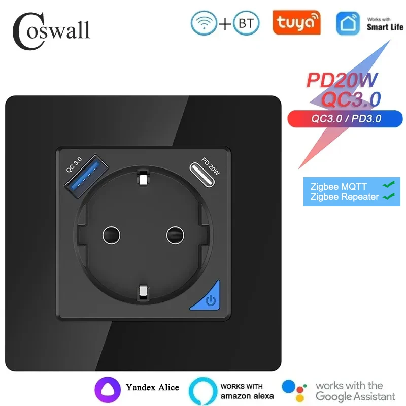 Black WiFi tuya Smart EÚ Skladačka + Monitorovanie výkonu PD 20W Type-C a Dual USB Fast Charger Yandex