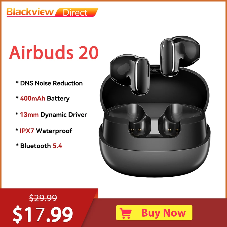 Blackview AirBuds 20 slúchadiel, nepremokavá náhlavná súprava IPX7 s mikrofónom dotykovej kontroly, 400 mAh batéria, mini slúchadlá Bluetooth 5.4