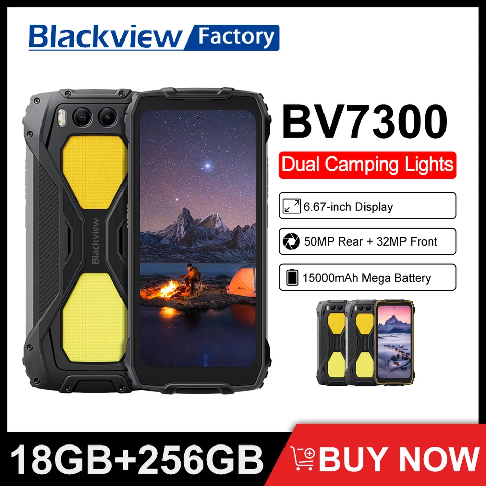 BlackView BV7300 Rugged Smartphone 18 GB (6+12) 256 GB, Helio G81 Octa Core, 15000 mAh, Dual Camping Lights, NFC Android 14 Phone