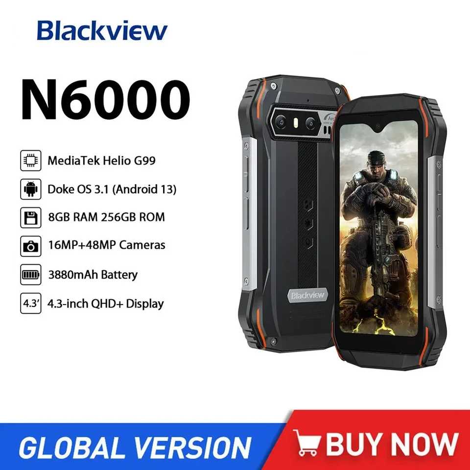 BlackView N6000 Rugged 4G Smartphone OCTA Core 8 GB+256 GB 4,3 palca displej 3880 mAh batéria Android 13 Mobilný telefón 48 MP Camera NFC