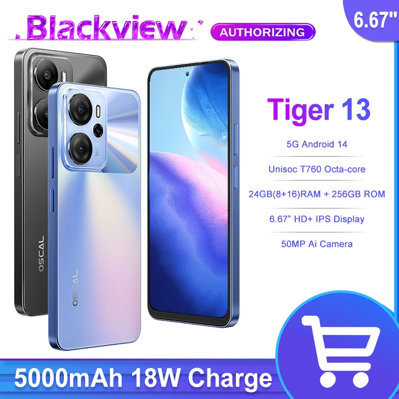 BlackView Oscal Tiger 13 Smartphone 6.67 '' 5G 24 GB (8+16) RAM 256 GB ROM, 50MP 5000 mAh Android 14 NFC