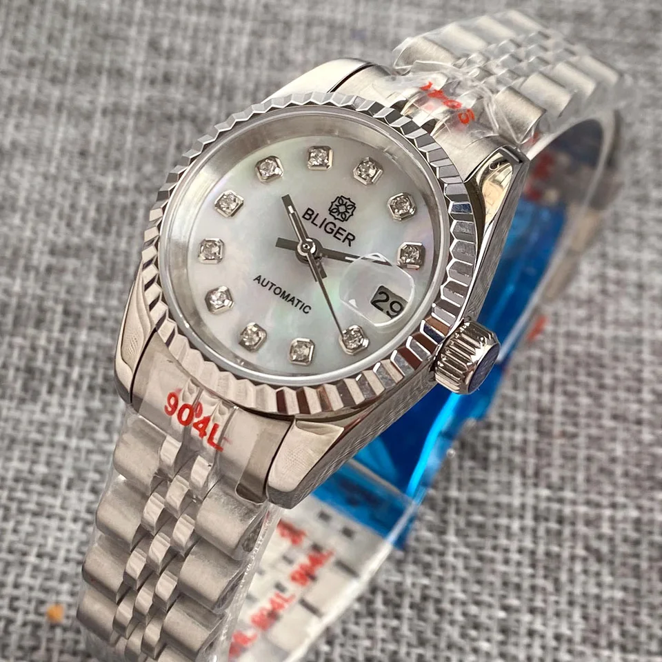 Bliger 26mm Shell Diamond Index NH05A Automatické hodinky pre ženy Sapphire Silver Rose Gold Oceľový náramok dámy hodinky 2024