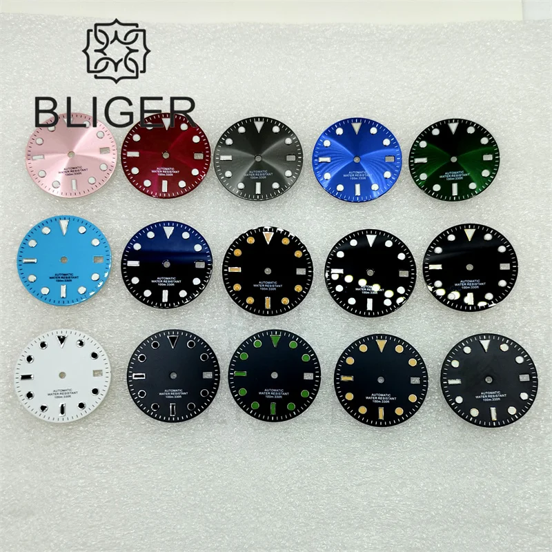 Bliger 29 mm Sunburst/Matte/Glossy 3,0 Crown Watch Dial Čierne ružové červené červený číselník modrý/zelený svetelný fit NH35 Dátum pohybu
