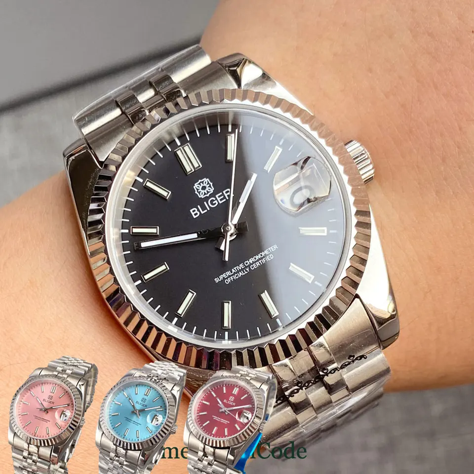 Bliger Automatické hodinky pre mužov NH35A Pohyb 36 mm alebo 39 mm zafírový kryštál Auto dátum Luminous Ruky 316L Nerezový náramok