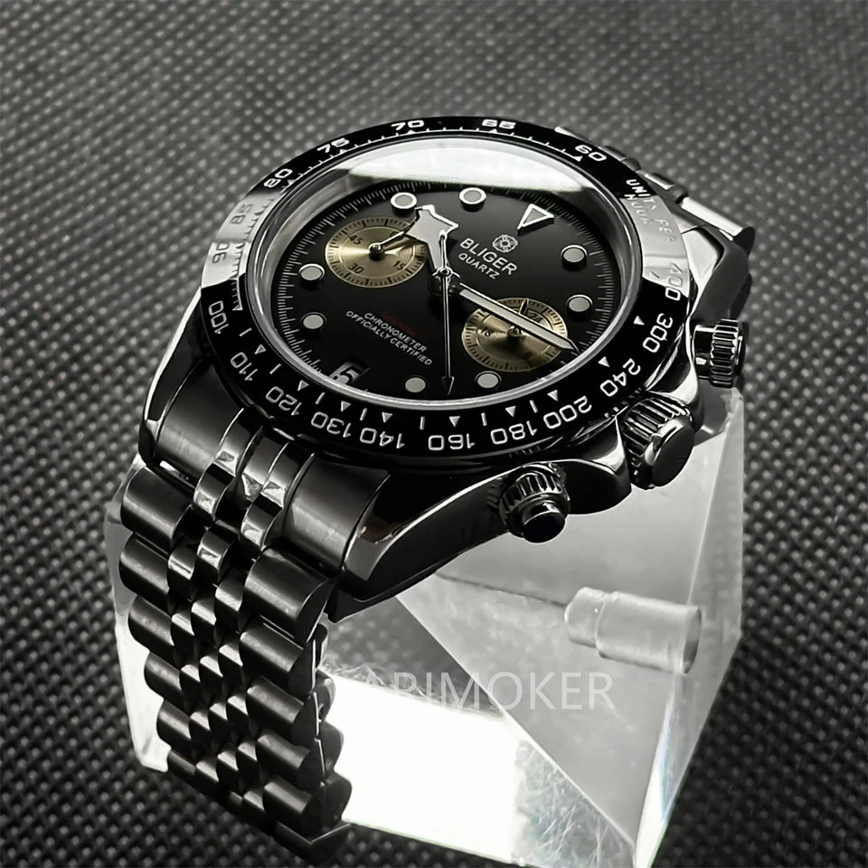 Bliger39mm Chronograph Silver Jubilee náramok VK64 Quartz hodinky Pánske zafírové sklo 6 -bodové dátumové okno