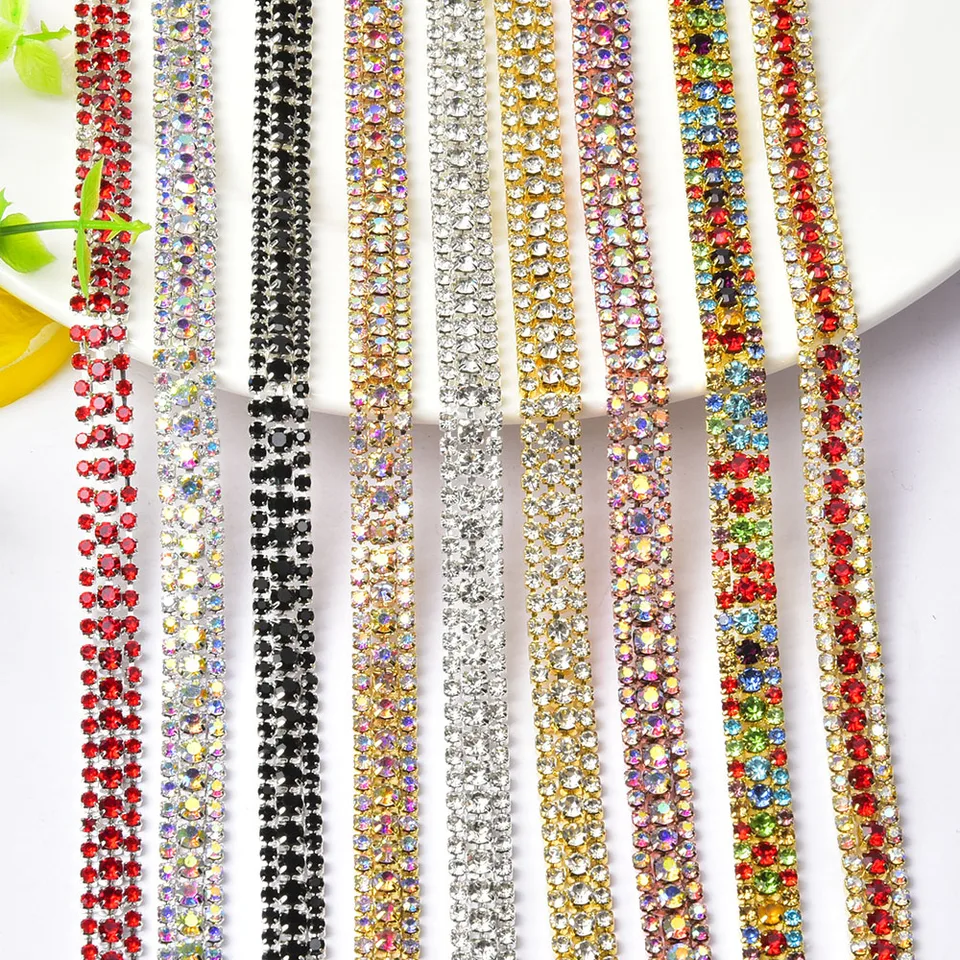 Bling 3Rows Sliver Base Colorful Sew na kamienok na poháre s kamienkami na reťaze zlaté strieborné základňa s pazúri