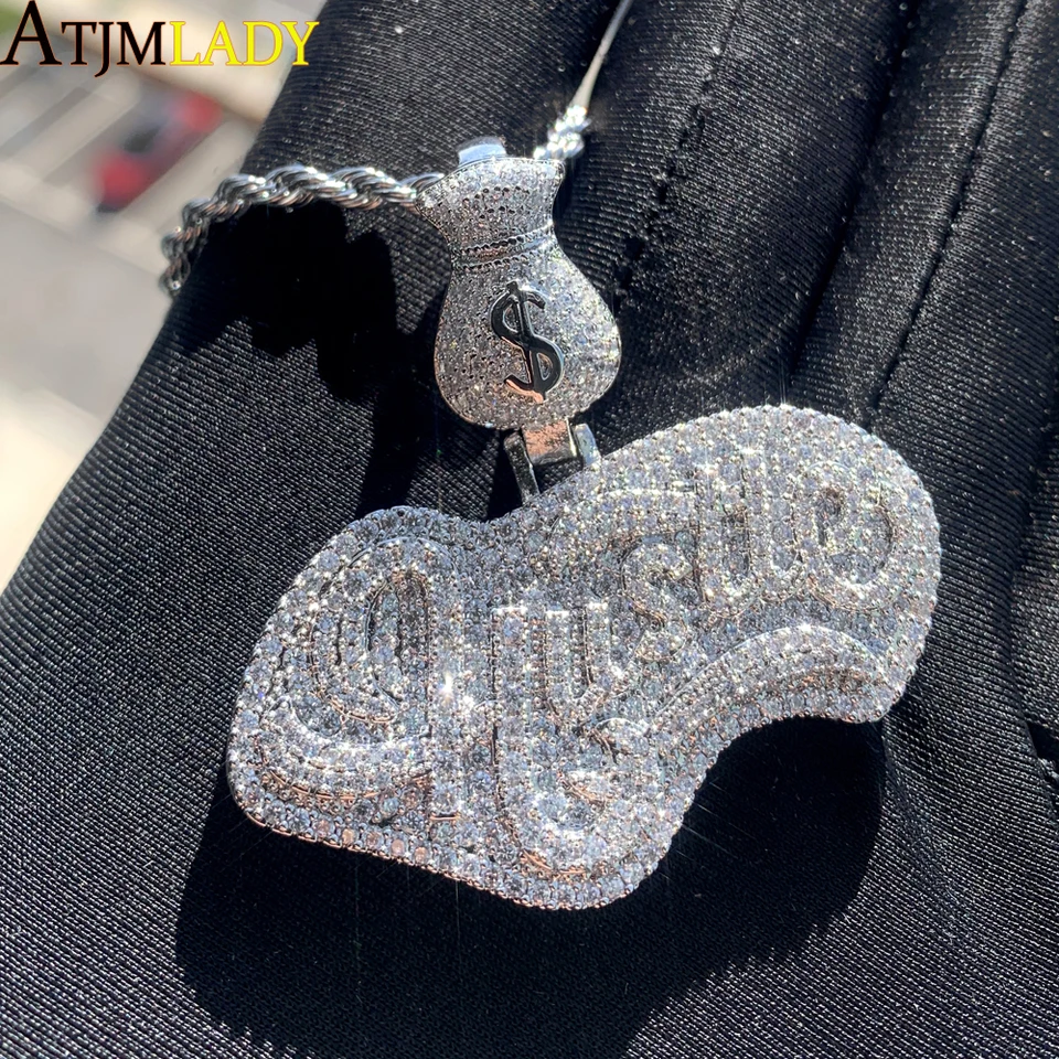 Bling CZ Dláždený list Dollar Peniaze Bag Hustle Pendant Iced Out Cubic Zirconia Gold Color Náhrdelník
