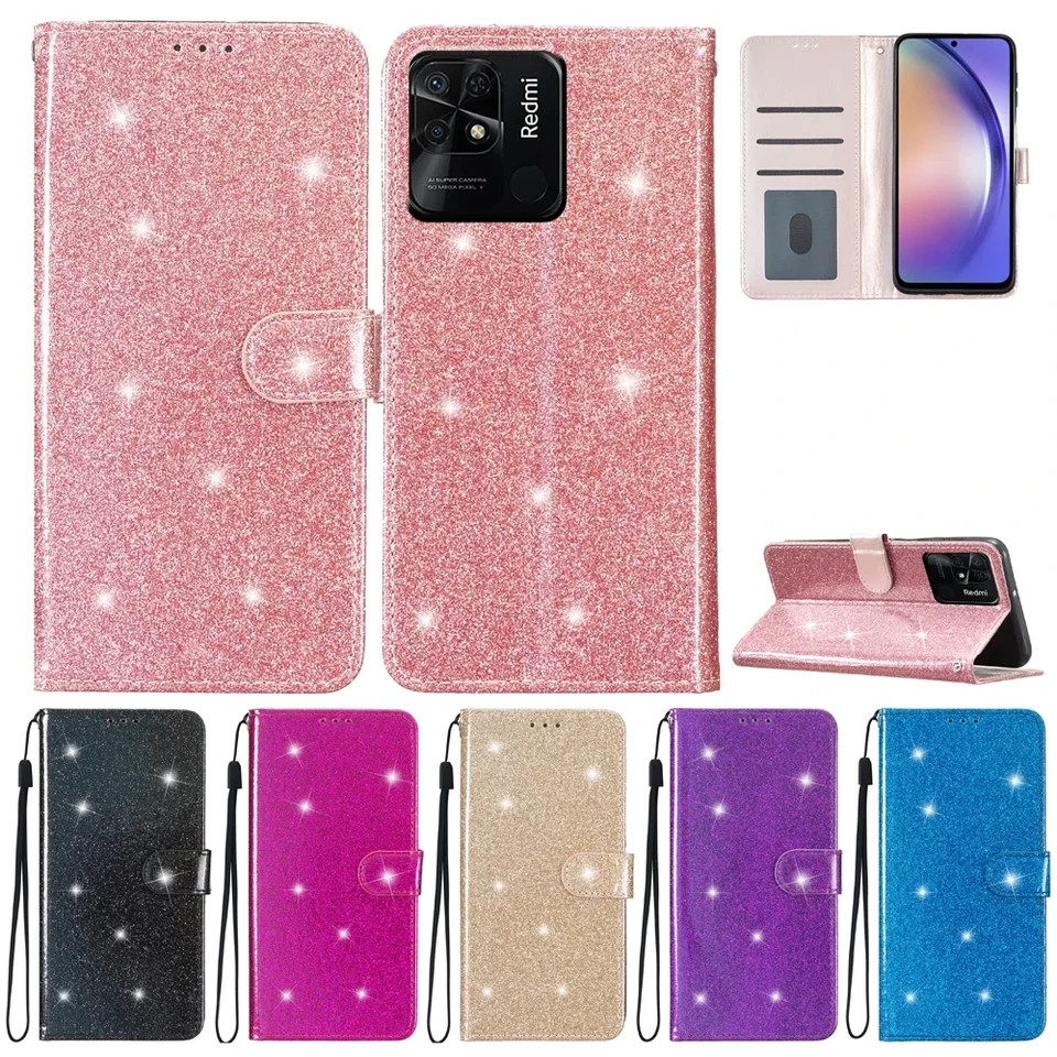 Bling Flash Kožená puzdro pre Xiaomi 13T 13 Lite 12T 11T Redmi 13C 12C 11A 10C 10A K60 A2 POZNÁMKA 10 11 12 Pro Plus 12s