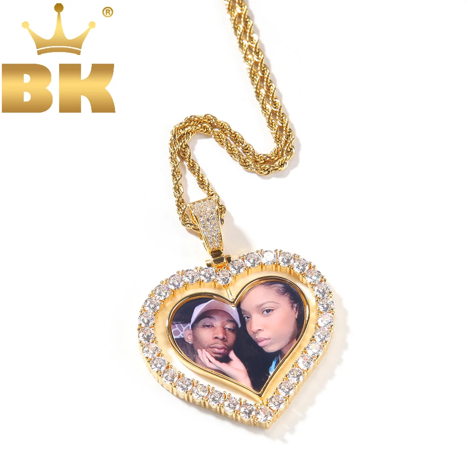 Bling King DIY Spinning Dvojité strany Foto srdce Tvar prívesku náhrdelníky Photoes pamäť šperky pre pár rodinných darčekov