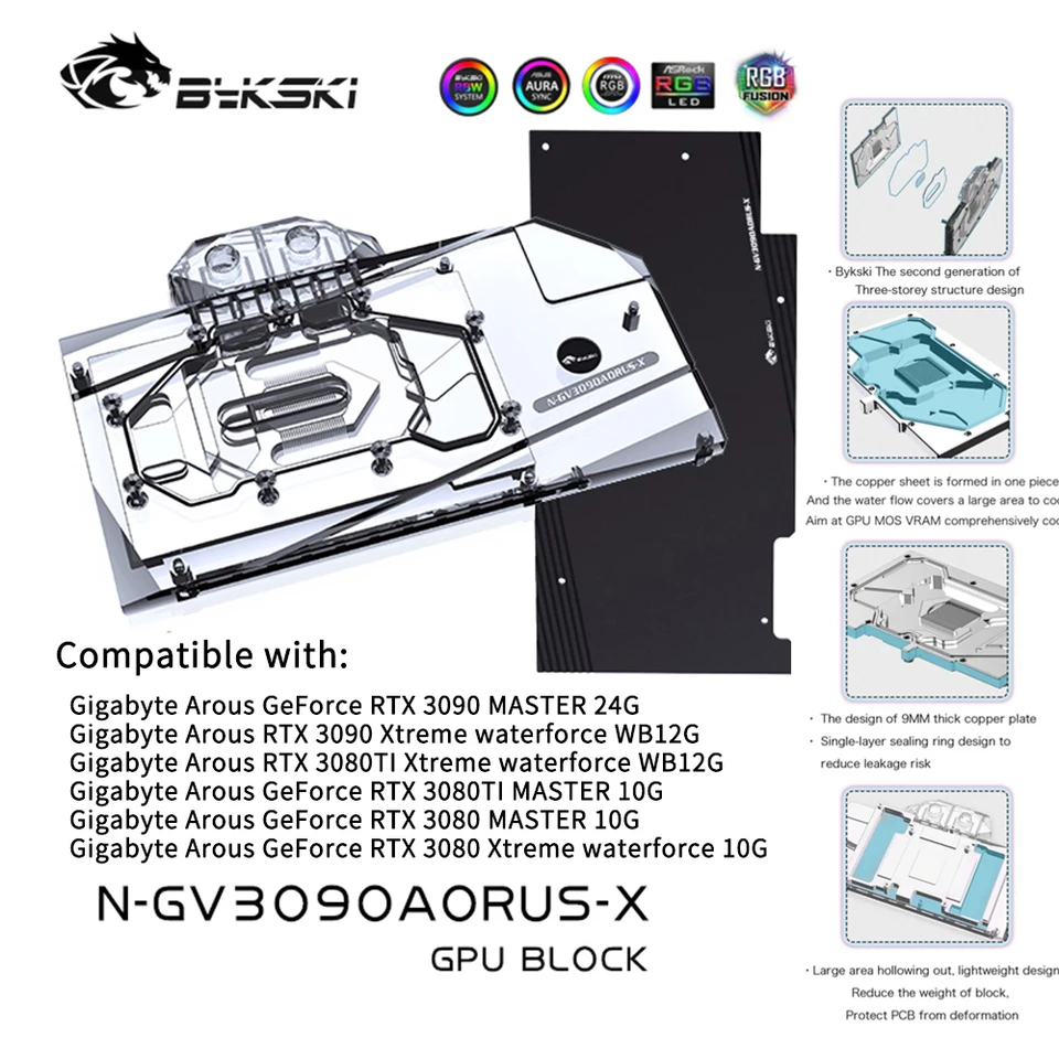 Blok GPU BYKSKI pre GIGABYTE GEFORCE RTX 3090/3080 AORUS, Vodné chladenie pre vodu / Full Cover, N-GV3090AORUS-X