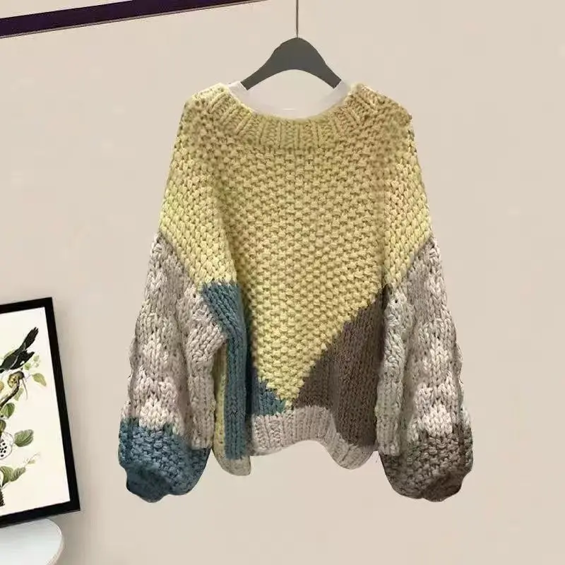 Blokovanie farieb hrubý sveter priadze pre ženy pre ženy jeseň a zimný nový štýl voľný módny retro lenivý štýl pletené topy