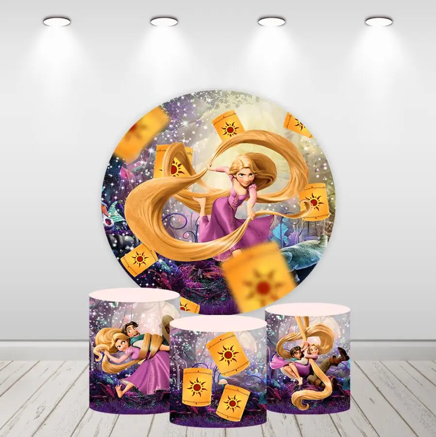 Blond rapunzel princezná okrúhle kruhové pozadie Dievčatá 1. narodeninová oslava pre bábätká Candy Table Banner valcový kryt