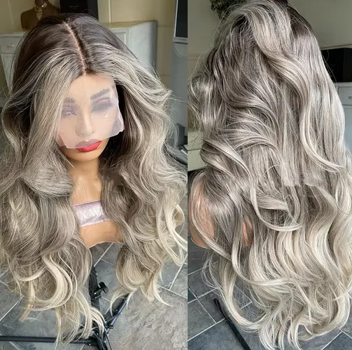 Blondínka blondínky tmavého popola Syntetické zmiešané parochne 28 palcov Dlhá vlna tela Wig ombre tmavé korene Lightwight Ladies Wig