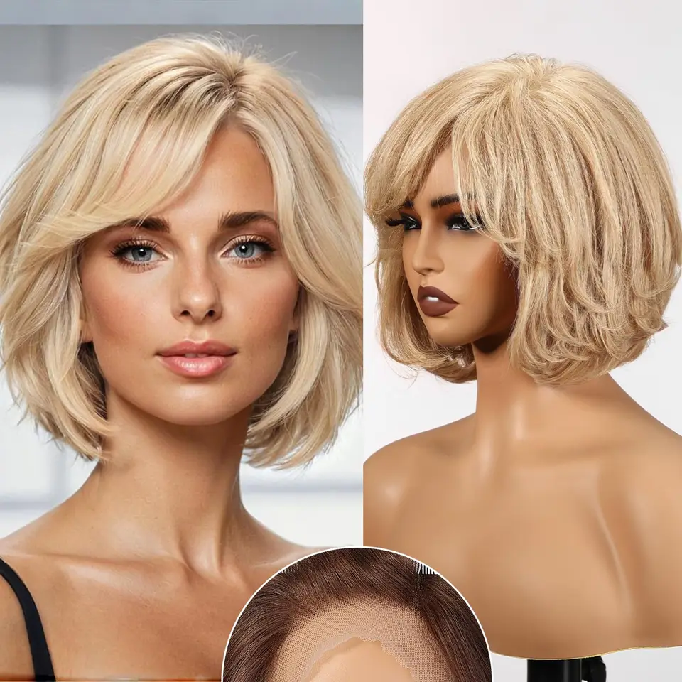Blondínka remy ľudské vlasy s treskami Body Wave Stručné bobové parochne čipky čelné parochne pre biele ženy denne používajú 12 palcov vlnité parochne denne