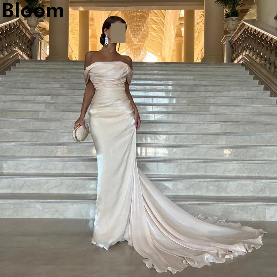 Bloom na mieru odvedené z ramenných ramien bez ramien arabskej morskej panny béžové večerné šaty pre ženy svadobné hostiny Dubaj dlhé formálne šaty