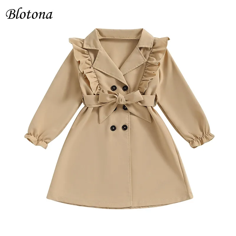 Blotona Kids Girls Fashion Trench Coat shinked s dlhým rukávom klope Double Breast khaki Windbreaker Outwear s opaskom 3-7 rokov