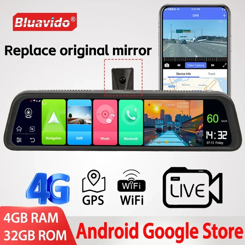 Bluavido 4G Ram Smart Android 8.1 Mirror Car Mirror DVR GPS navigácia HD 1080P Video rekordér fotoaparátu ADAS 32G ROM Pridať originálnu konzolu