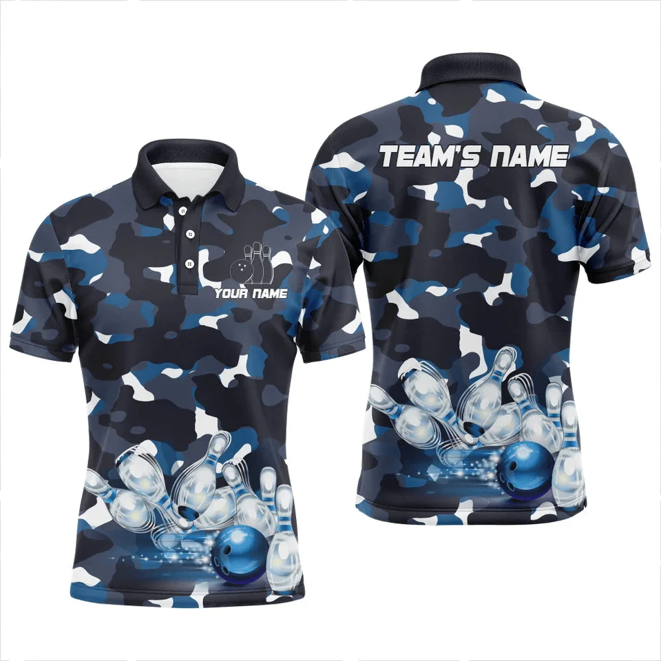 Blue Camo Bowling Vlastné názov 3D tlačené pánske pólové tričko Summer Street Príležitostný bowling Jersey Darček pre bowlingových hráčov WK51