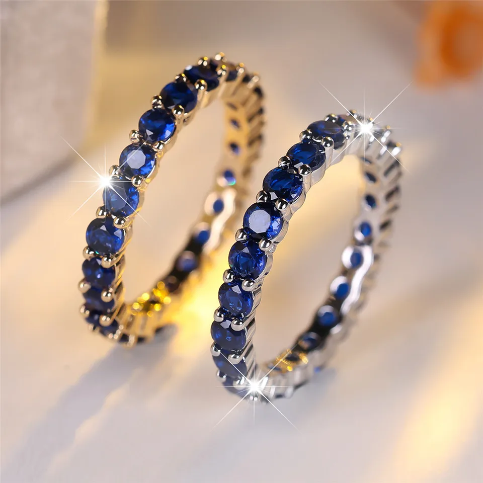 Blue Crystal Single Round Round Stone Rings for Women Vintage Trendy Gold Silver Color Svadobná skupina Svadobné šperky zásnubné darček