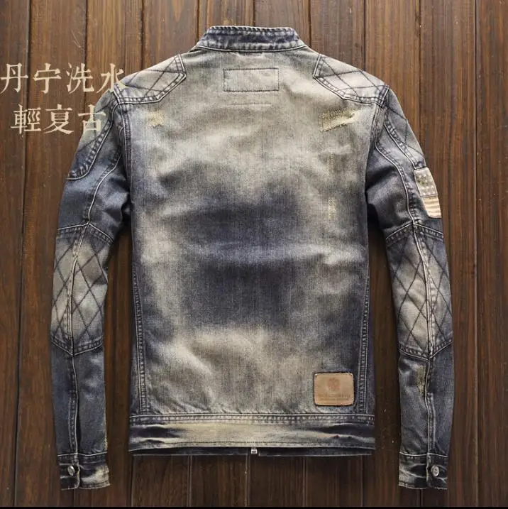 Blue Denim Pánsky vintage klasický motorkársky motocykel, bunda stojan, retro fit americké vlajkové džínsy, kabát Drop Shipping