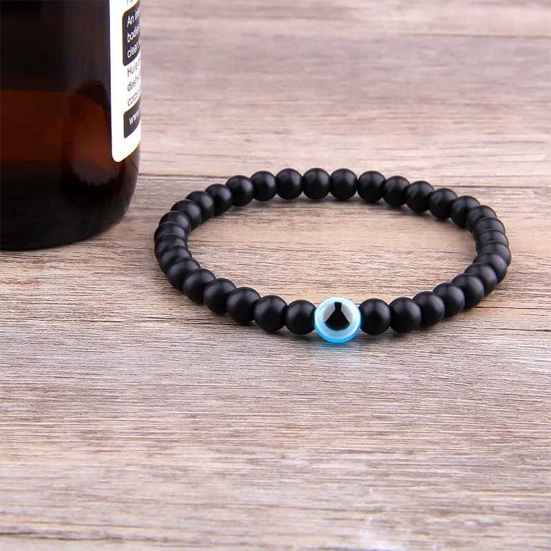 Blue Evil Eye Leštené čierne Onyx náramok Men Ženy 6 mm korálky Obisidián hematit živice šperky ružové ružové reiki uzdravenie veľkoobchodné veľkoobchod