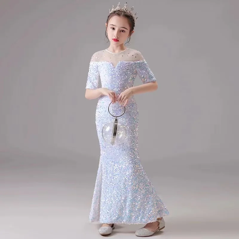 Blue Flowin Flower Girl Pageant Mermaid Dresses Prom Formal Birthday Party Šaty luxusný večer žiariaci guľôčkový šaty