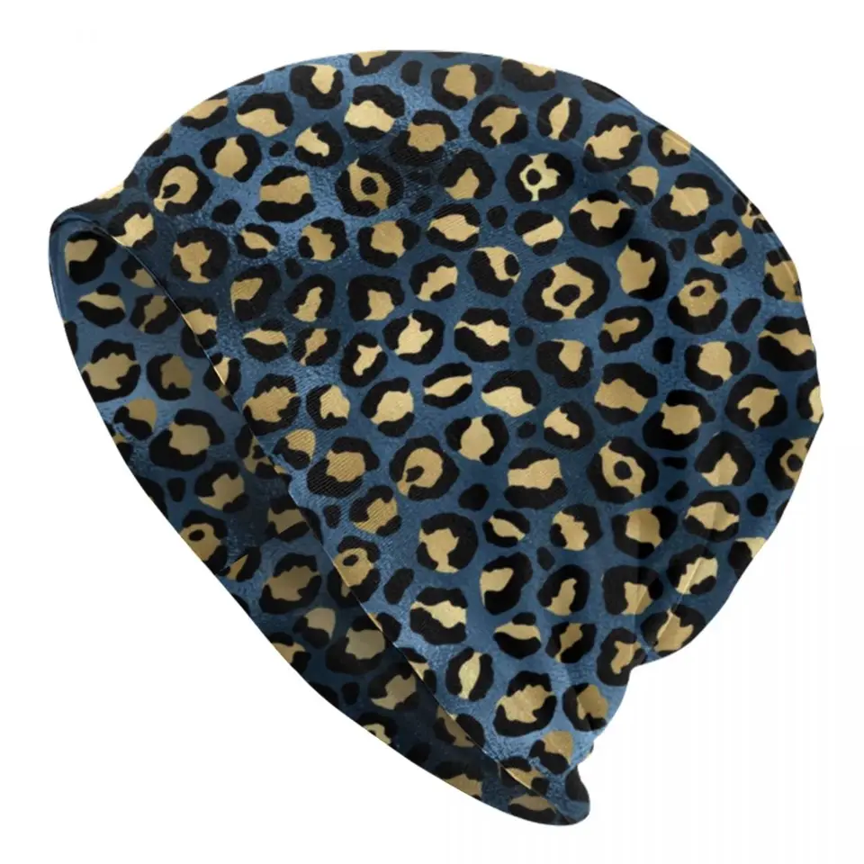 Blue Gold Leopard Bonnet Hats Animal Print Beanie Hats Vlastné pletené klobúky Spring Vintage unisex Dospelé vonkajšie elastické čiapky