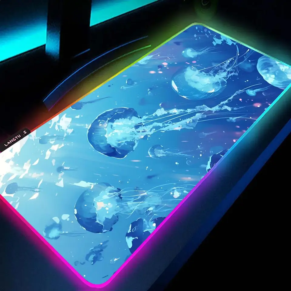 Blue Jellyfish Mouse Pad RGB Veľká herná podložka myši Non-Slip Gumová základná podložka Klávesová podložka Extra veľká žiarivá LED podložka myši myši