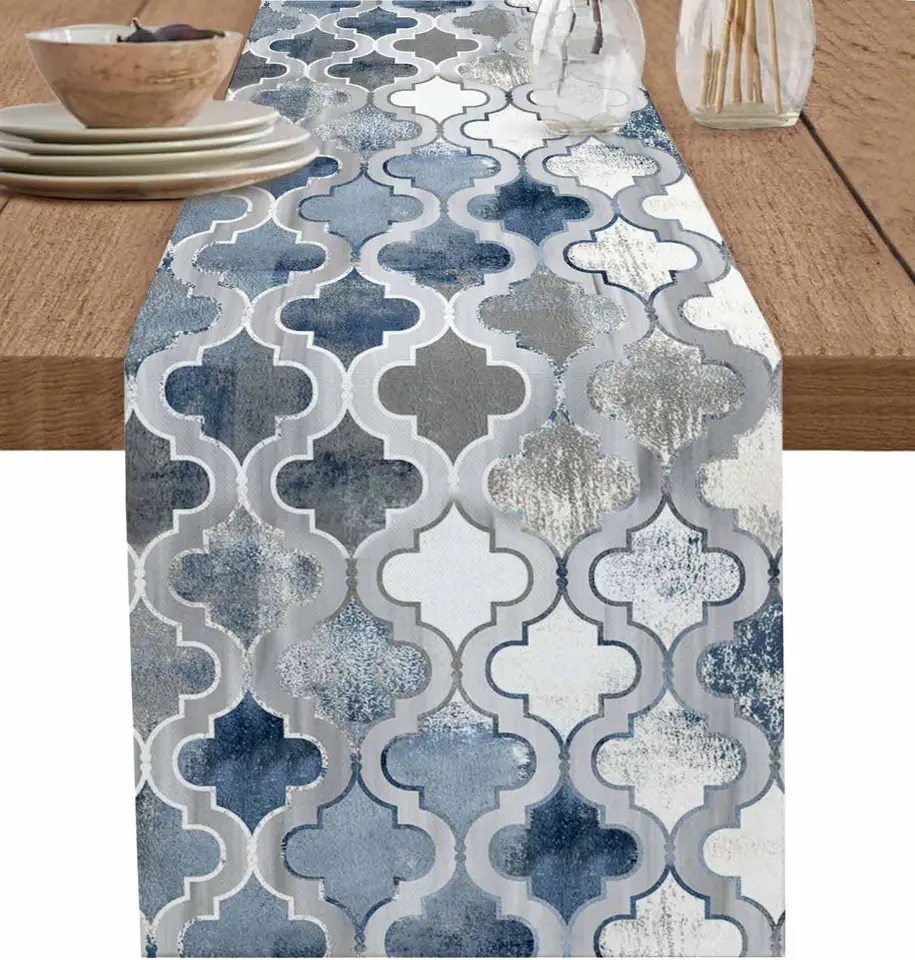 Blue Maroko Linen Runners Runners Modern Geometric Trellis Abstrakt Art Dresser Šatka dekorácia dekorácie svadobné stravovacie večierky Dekorácia