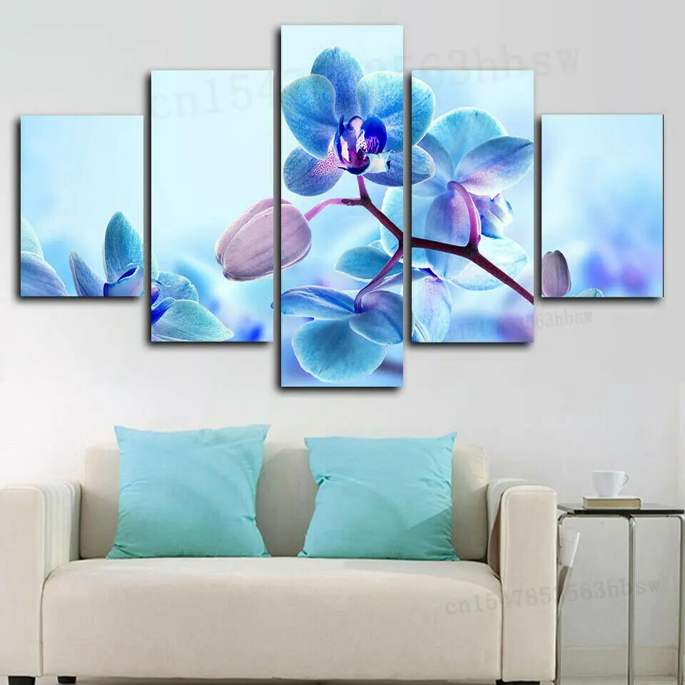 Blue Orchid Flowers 5 Panel Canvas Print Wall Art Plagát Domáce dekorácie Obrázky Nie