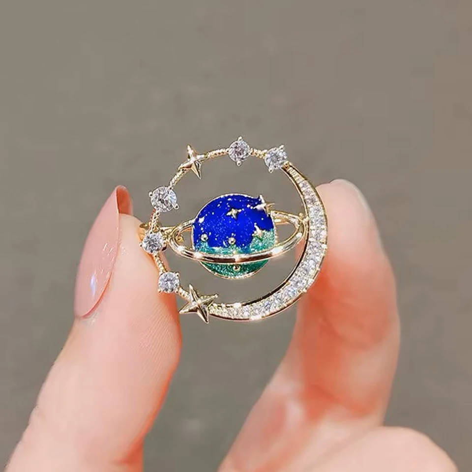 Blue Starry Sky Universe Planet Planet Zirconia Moon Broš