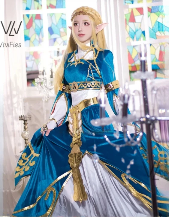 Blue Velvet Princess Dress Zelda Cosplay kostýmne Žena Top sukňa outfit Plné súprava a parochňa sa predávajú vlastná veľkosť