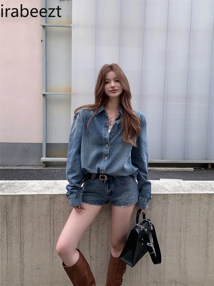 Blue Vintage Wash blúzka Dámske pádové džínsové šortky oblek conjunto femenino horúce predaj