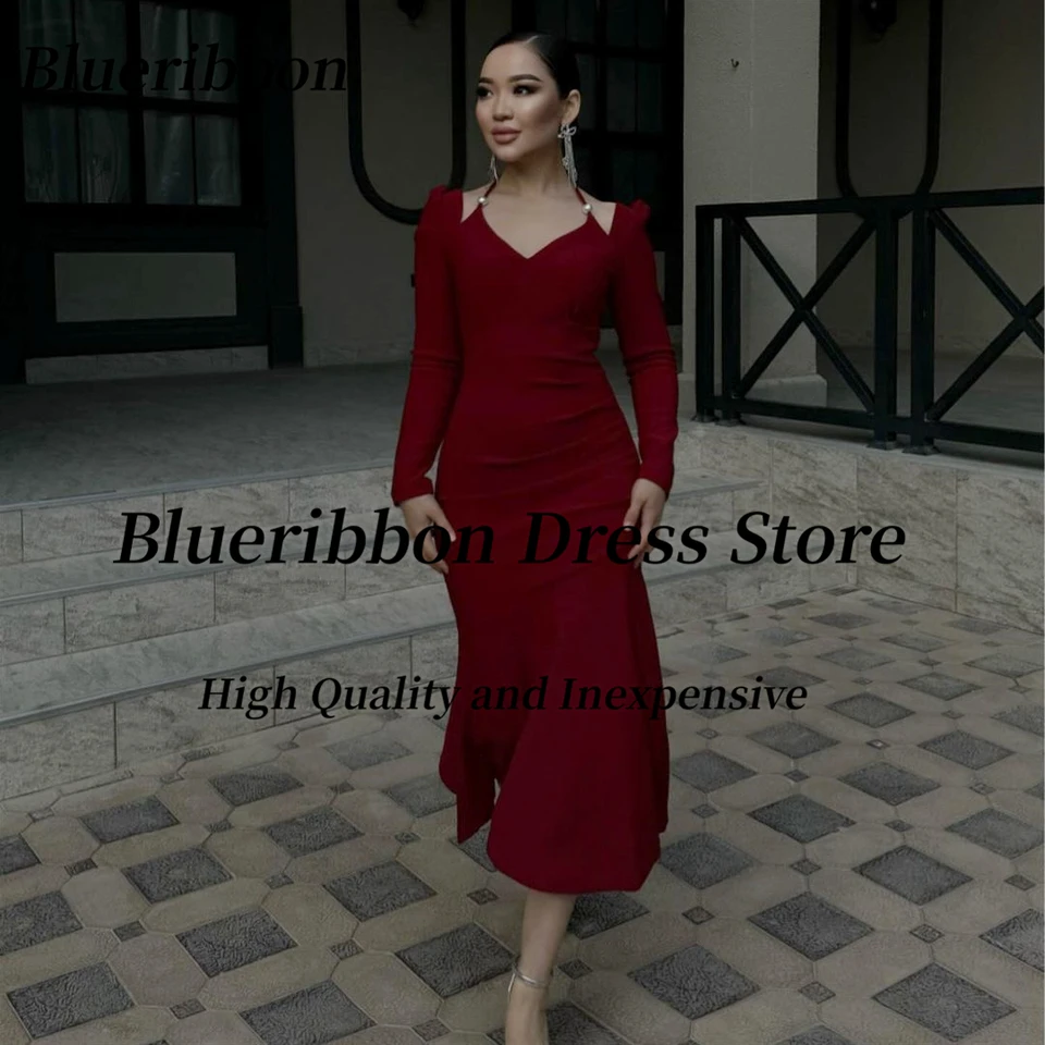 Blueribbon Burgundsky čaj dĺžky čaju Plemidy šaty halter s dlhými rukávmi kokteilové šaty šaty zips zadné svadobné hostí Wear