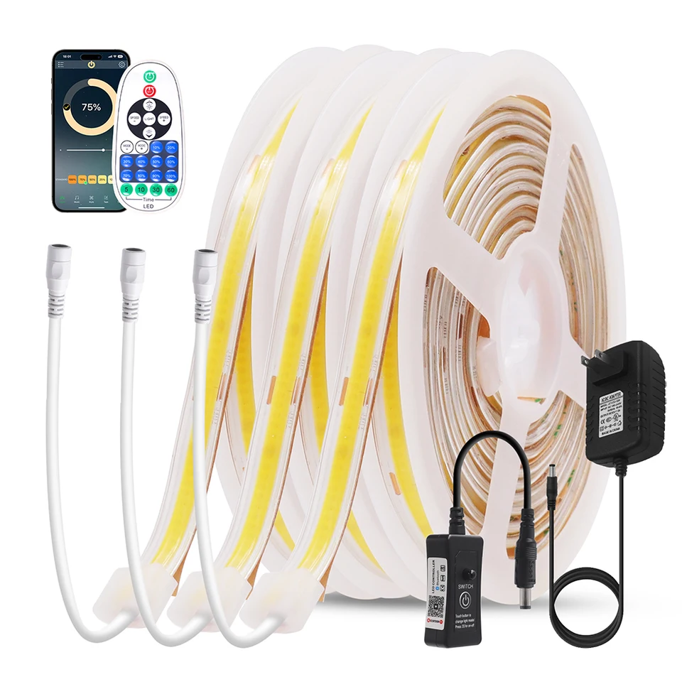 Bluetooth 12v 24v COB LED SLIP LIGHT 23key diaľkové ovládanie EU US UK AU Plug 480led Flexibilná páska Teplá prírodná biela 5 m 10m 0,5 m