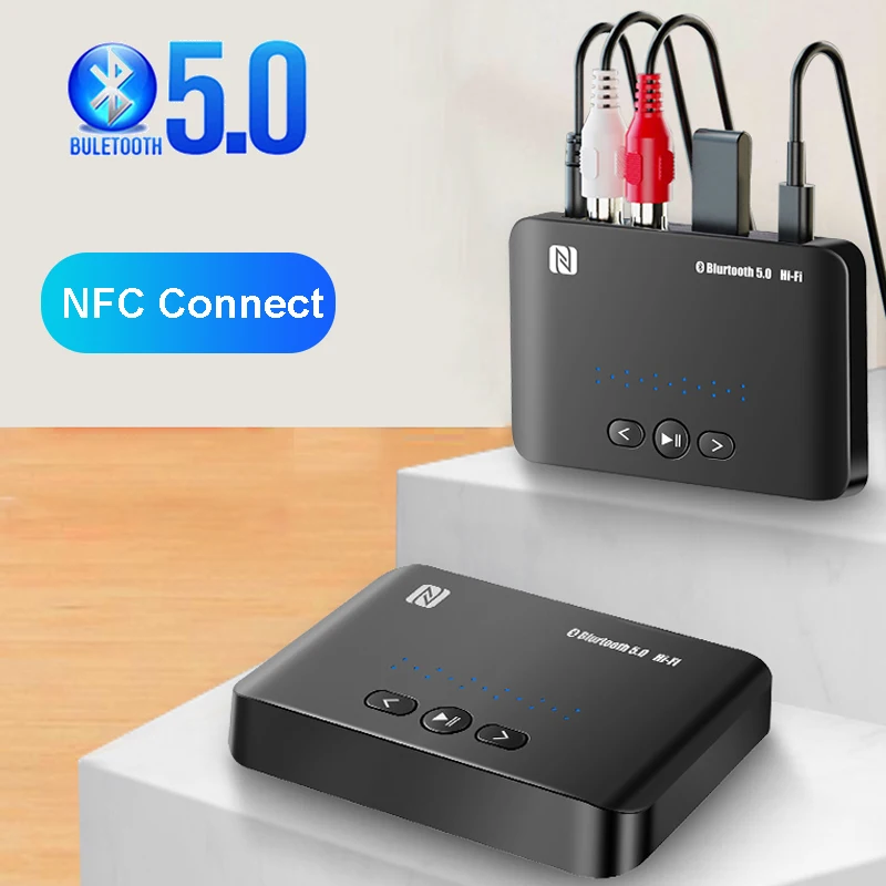 Bluetooth 5.0 Adapter prijímač 3,5 mm AUX RCA Wireless Audio Adapter HIFI Stereo USB Support NFC s diaľkovým ovládaním reproduktorov