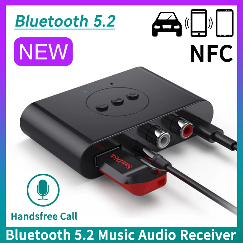 Bluetooth 5.2 Audio prijímač NFC U Disk RCA 3,5 mm AUX USB Stereo Music Wireless Adapter s mikrofónom pre zosilňovač reproduktorov