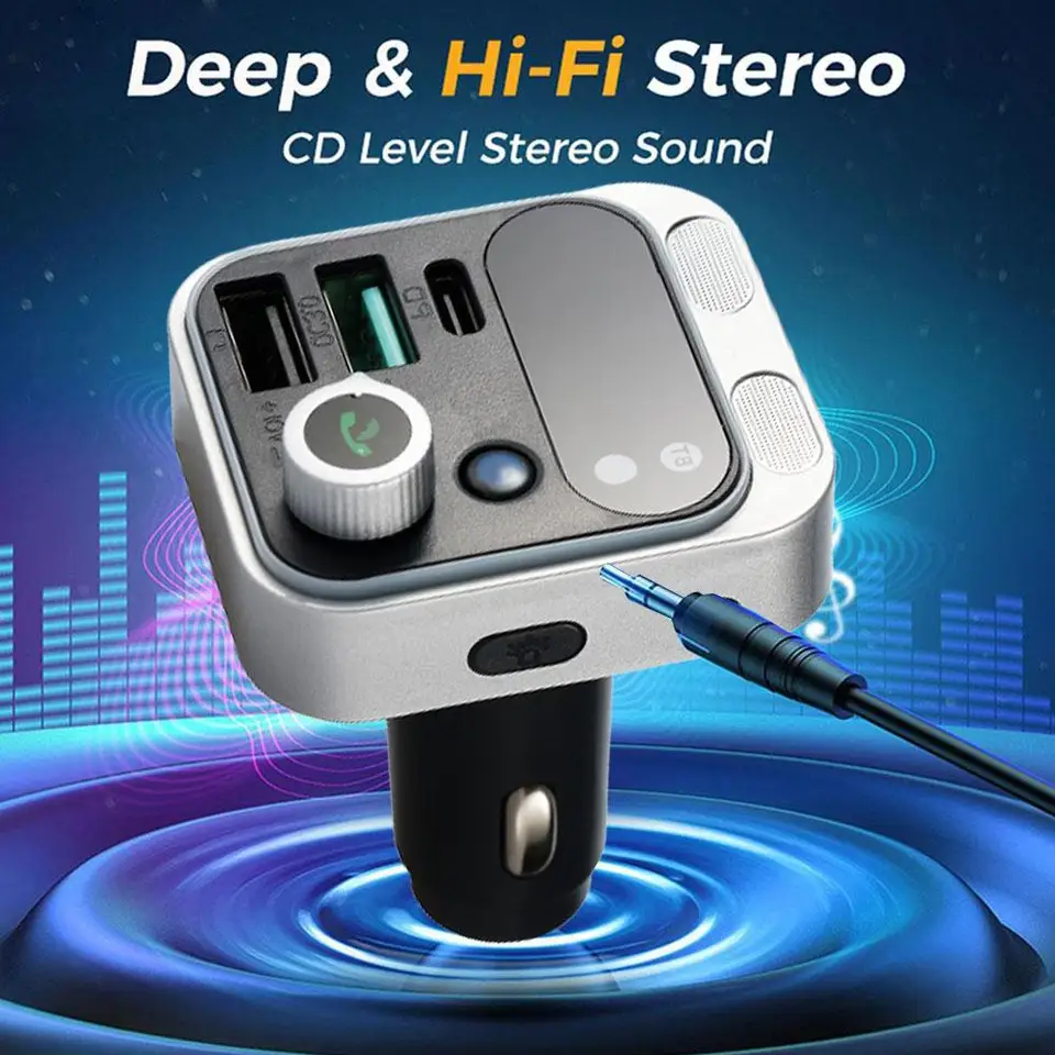 Bluetooth 5.2 FM vysielač pre auto [silnejší duálny mikrofón hlboký basový zvuk] 48W PD a QC3.0 Adaptér nabíjačky automobilov Bluetooth
