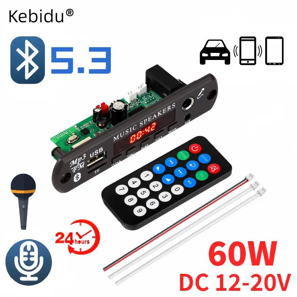 Bluetooth 5.3 DIY MP3 Dekodérka Doska 60 W Hodiny zosilňovača 6,5 ​​mm mikrofón Handfree DC 12V 30W CAR FM Radio TF USB Record Call