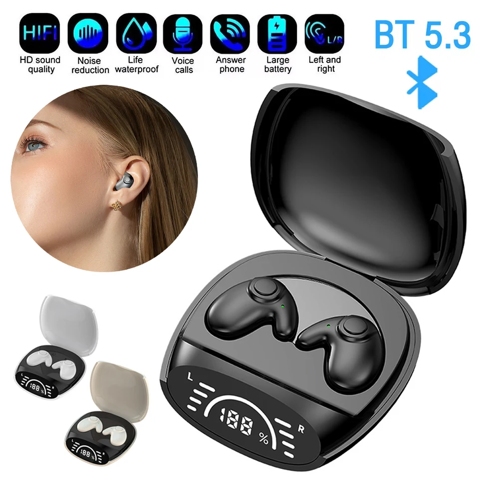 Bluetooth 5.3 Neviditeľné slúchadlá neviditeľné na spánok Drobné mini slúchadlá hluku TWS DREESSETS SPRAVY SPORTA SPRÁVA HUDBA ZARADENIA