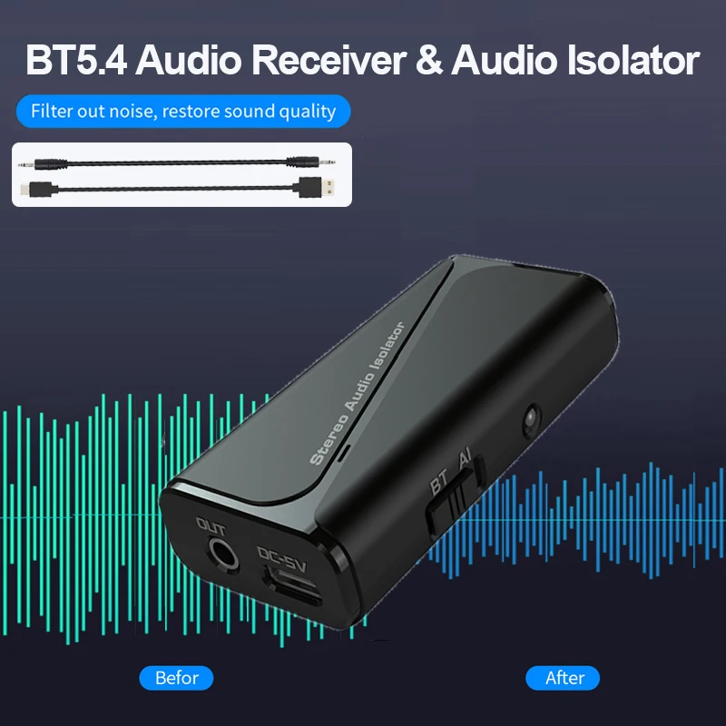Bluetooth 5.4 Audio prijímač 3,5 mm anti-interferenčné uzemnenie Izolátor Filter Izolátor Eliminujte zrušenie pre reproduktor MP3 CAR