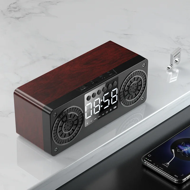 Bluetooth Alarm Clock, FM Radio Hudobná zvuková stolové hodiny TF Funkcia Drevená plocha