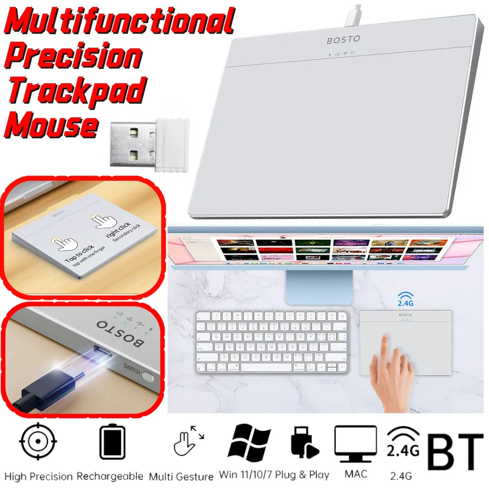 Bluetooth kompatibilný dotykový dotykový dotyk Multi-gesture USB TouchPad Mouse Type-C Nabíjateľná ergonomická trackpad myši pre notebook iPad Mac Mac